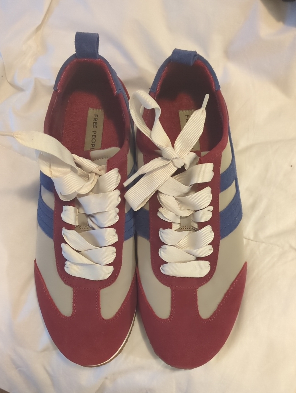 Free People Burgundy, Blue & White Retro Runner Sneakers Worn Once